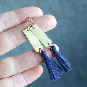 Navy Blue Tassel Earrings | Brass Bar Dangle Earrings | Two Inch Long Dangles