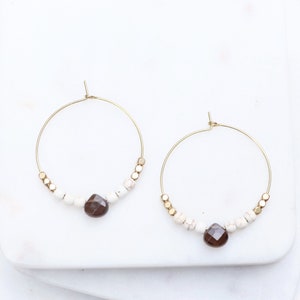 Hoop Earrings, Smoky Quartz Earrings, Hoops with beads, Bohemian Earrings, Big Hoop Earrings, Gray, Cream, Gold Beads, Brass Hoop Earrings