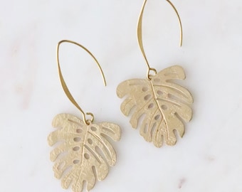 Monstera Leaf Brass Earrings | Gift for Plant Lover | Natural Gold Color Lightweight Dangles