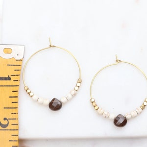 Hoop Earrings, Smoky Quartz Earrings, Hoops with beads, Bohemian Earrings, Big Hoop Earrings, Gray, Cream, Gold Beads, Brass Hoop Earrings image 4