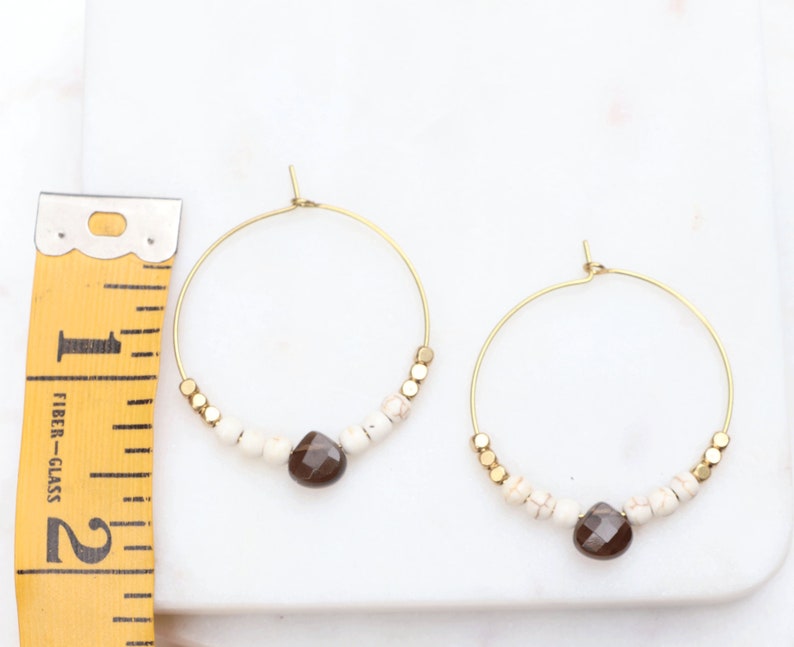 Hoop Earrings, Smoky Quartz Earrings, Hoops with beads, Bohemian Earrings, Big Hoop Earrings, Gray, Cream, Gold Beads, Brass Hoop Earrings image 4