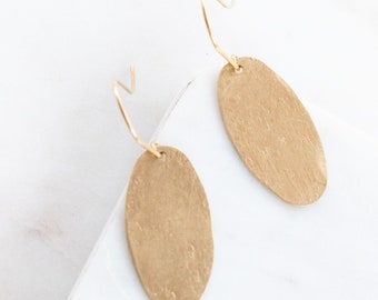 Hammered Brass Oval Earrings in Gold Color Minimalist Style | Choose Rectangle or Oval