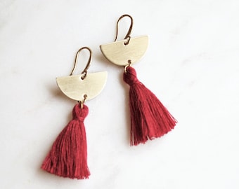 Wine Red Tassel Earrings, Half Moon Chandelier Tassel Earrings, Pink Fringe Earrings, Gold Tassel Earrings, Half Circle Earrings