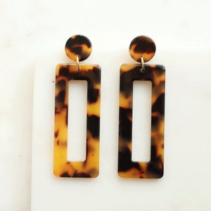 Big Brown Tortoise Shell Earrings | Mid Century Modern Retro Dangles | Rectangle Shaped Acetate Resin Earrings