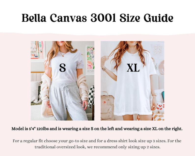 Pu&ograve; includere: Guida alle taglie per le t-shirt Bella Canvas 3001. L'immagine mostra due modelli che indossano taglie diverse, S e XL. Il testo fornisce consigli sulle taglie per vestibilit&agrave; regolari e oversize. La modella &egrave; alta 163 cm e pesa 54 kg.