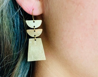 Geometric Brass Dangle Earrings in Natural Gold Tone • 1.75 Inches Long