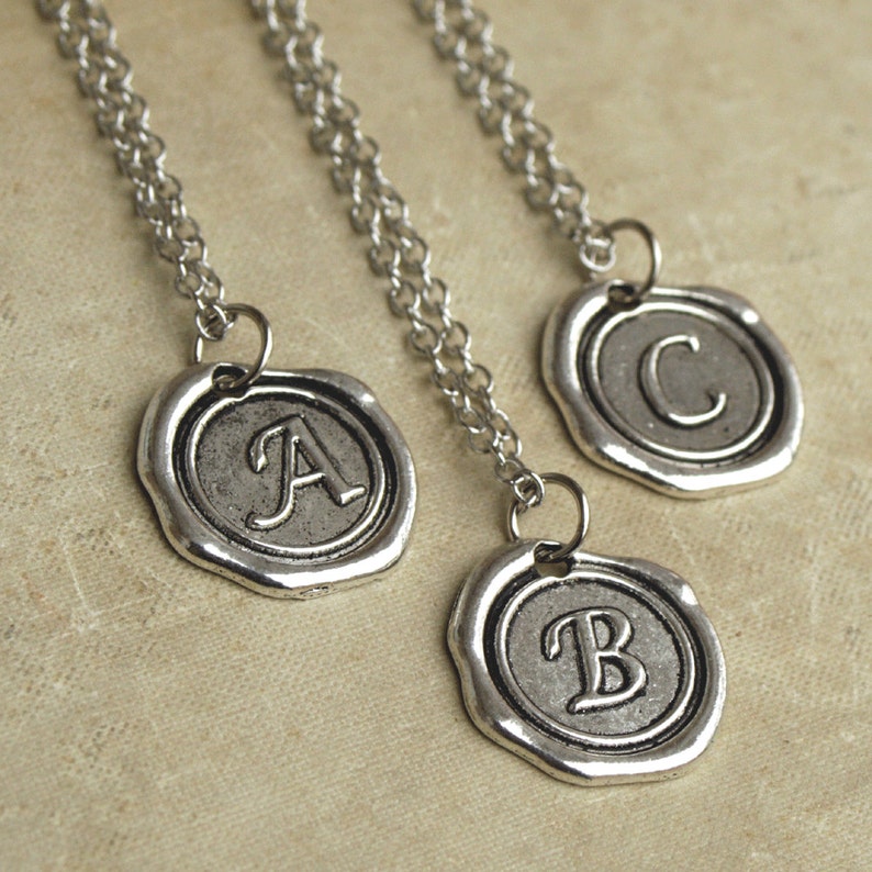 Silver Monogram Necklace, Letter Pendant, Name Necklace, Wax Seal Letter Necklace, Best Friend Necklaces image 2