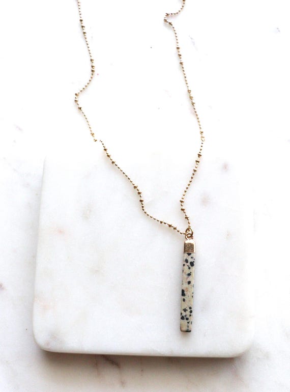 Dalmatian Jasper Bar Necklace on a Long 32 Inch Chain