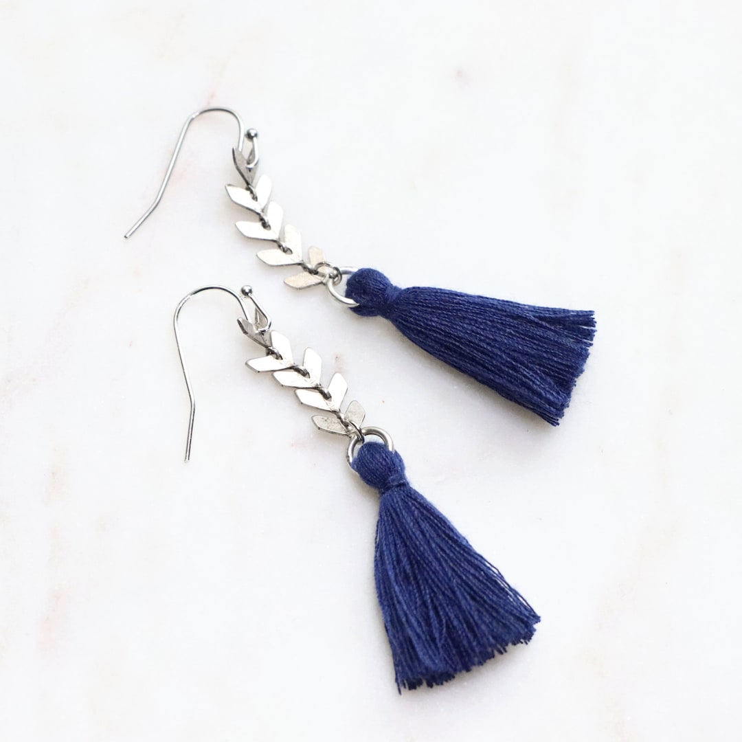 Buy Tassel Earrings, Silver, Navy Blue Tassels, Silver Dangle