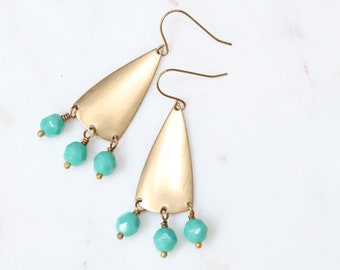 Brass Triangle Earrings with Glass Bead Dangles | Turquoise Glass Beads  |