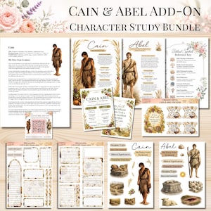 May include: A Cain and Abel character study bundle featuring printed pages with illustrations of the two figures, biblical symbols, reference keys, and decorative stickers. The collection includes journaling labels, margin notes, and text.