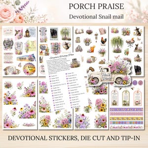 May include: A collection of devotional stickers and die-cut paper elements featuring floral arrangements, animals, and vintage trucks. The set includes scripture writing plans, decorative tags, and various illustrations with text such as Porch Praise.