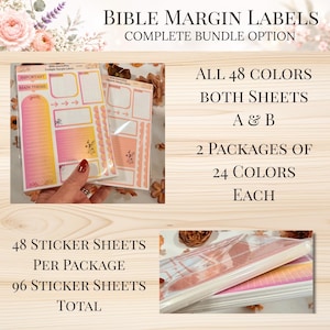 May include: A bundle of Bible margin labels featuring 48 colors across two packages, labeled A and B. Each package contains 24 colors, totaling 96 sticker sheets. The sheets display various rectangular and arched shapes with grid patterns and floral accents.
