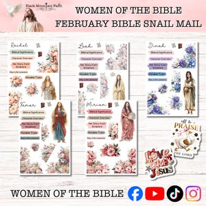 May include: A collection of Bible-themed stickers and stationery. The design features illustrations of women from the Bible, floral arrangements, and text such as "Women of the Bible" and "February Bible Snail Mail."