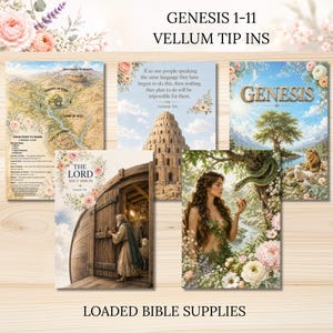May include: A collection of five vellum tip-ins featuring Genesis 1-11 themes. Images include a map of Eden, the Tower of Babel with Genesis 11:6 text, a Genesis title page, Noah at the ark door with Genesis 7:16 text, and Eve with a snake and apple.