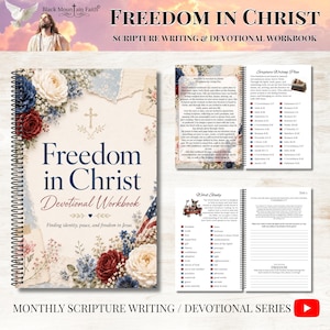 May include: A spiral-bound devotional workbook titled Freedom in Christ, featuring a floral cover with red, white, and blue roses. The interior pages display a scripture writing plan, word study lists, and lined writing sections for daily reflection.