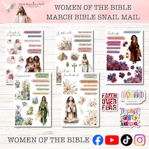 May include: A collection of Bible-themed snail mail stickers featuring illustrations of women from the Bible. The stickers include character overviews, key life lessons, and biblical significance. The text "Women of the Bible" is at the top.