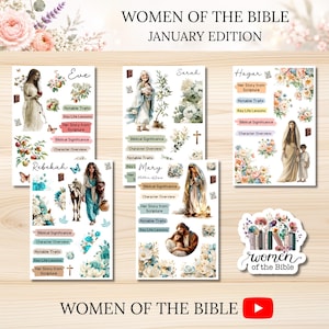 May include: A collection of five printed sheets and one sticker featuring illustrations of biblical figures Eve, Sarah, Hagar, Rebekah, and Mary. Each sheet includes text labels for study notes, floral accents, and religious imagery on a light wood background.