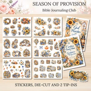 May include: A collection of stickers and two tip-ins featuring autumn-themed illustrations of sunflowers, wheat, pumpkins, lanterns, and books. The text includes Season of Provision, Bible Journaling Club, God Provides, and Creation Trusts Him.