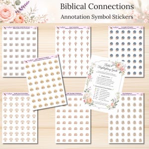 May include: A collection of Biblical Connections Annotation Symbol Stickers featuring multiple sheets of small, circular adhesive icons in various colors and designs, accompanied by a printed Bible Highlighting Guide with floral accents.