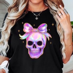 Iridescent Skull Shirt, Iridescent Skeleton Shirt, Iridescent Ghost Shirt, Iridescent Female Skull Shirt, Skull With Ribbon Shirt, Halloween