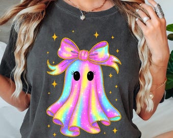 Iridescent Ghost Pumpkin Shirt, Coquette Aesthetic Halloween Tee, Cute Girly Ghost Shirt, Sparkly Pastel Halloween, Kawaii Ghost Shirt
