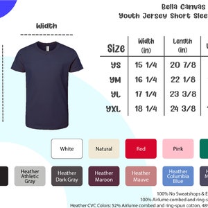 May include: A navy blue youth jersey short sleeve tee shirt. The image includes a size chart with measurements in inches and US sizes. Available colors include black, white, red, pink, and heather gray.