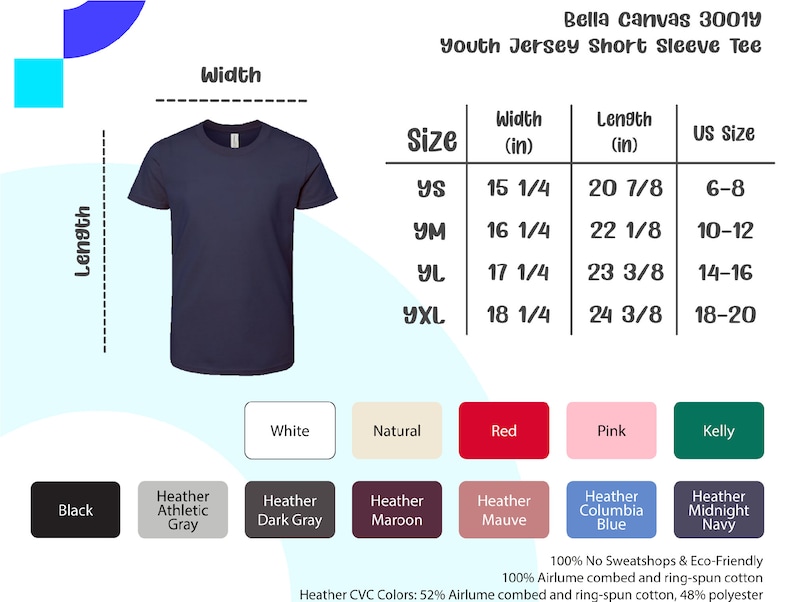 May include: A navy blue youth jersey short sleeve tee shirt. The image includes a size chart with measurements in inches and US sizes. Available colors include black, white, red, pink, and heather gray.