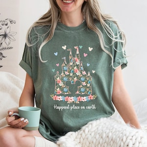 Happiest Place on Earth Shirt, Disney Castle Floral Shirt, Vintage Disney Shirt, Magic Kingdom Shirt, Disneyland Shirt, Comfort Colors Shirt