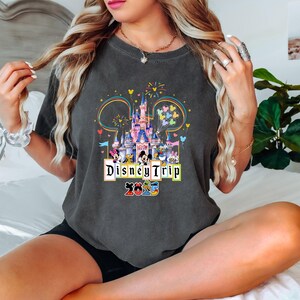 May include: A dark gray t-shirt with a colorful graphic of Cinderella's castle and Mickey Mouse characters. The text "Disney Trip 2023" is printed on the shirt.
