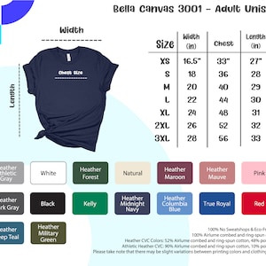 May include: A navy blue t-shirt with size and color options. The shirt's dimensions are listed in inches, with sizes ranging from XS to 3XL. Color options include Heather Athletic Gray, White, Black, and Red.