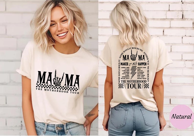 May include: Cream-colored t-shirt with the text "MAMA" in a bold, black font, featuring a skeleton hand gesture. The shirt also includes "THE MOTHERHOOD TOUR" and a checkered pattern. The back of the shirt has additional text and graphics.
