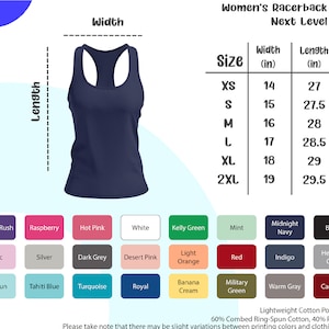 May include: A navy blue racerback tank top with a size chart showing measurements in inches. The chart includes sizes XS, S, M, L, XL, and 2XL. The tank top is made of lightweight cotton poly jersey.