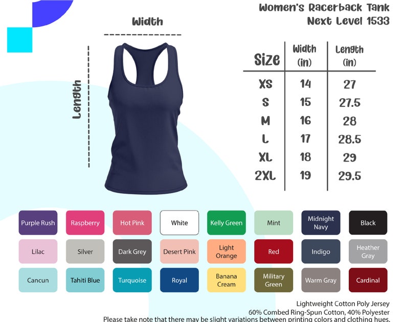 May include: A navy blue racerback tank top with a size chart showing measurements in inches. The chart includes sizes XS, S, M, L, XL, and 2XL. The tank top is made of lightweight cotton poly jersey.
