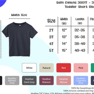 May include: Dark gray toddler short sleeve tee. The image includes a size chart with measurements in inches and weight in pounds for sizes 2T to 5T. Available colors include black, white, red, and pink.