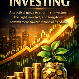 May include: Book cover with the title "HOW TO START INVESTING" in gold lettering. The image features stacks of gold coins and bars, a jar filled with coins, and a growing plant, symbolizing financial growth. An upward arrow and cityscape are in the background.