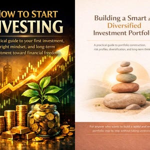 May include: Two book covers. The first, "How to Start Investing," features a cityscape, a rising arrow, gold bars, and coins. The second, "Building a Smart and Diversified Investment Portfolio," shows stacked stones at sunset. Both books are guides to financial investment.
