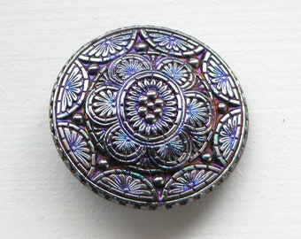 Czech Glass Button Deep Blue Purple and Silver Design, Round 1 1/4" Diameter, 32mm, black back, metal shank