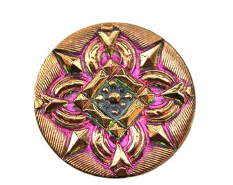 Czech Glass Button Textured Design in Gold and Pink, Round 1" Diameter, 25 mm, Silver Back, Metal Shank