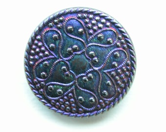 Czech Glass Button Deep Blue Purple and Silver Design, Round 1 1/4" Diameter, 32mm, black back, metal shank