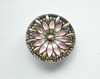 Czech Glass Button Flower Design in Golden Hues, Round 1 1/4" Diameter, 32mm, Silver back, metal shank