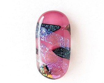 Pink Glass with Neon Purple and Multi-Colored Dichroic Glass Shapes Embedded Oval Cabochon