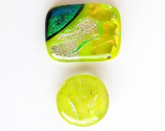 Dichroic Glass Yellow Silver and Teal Cabochons Set of 2