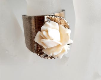 Rare Vintage Napier Sterling Carved Bone Rose Ring, Adjustable, Size 7-8