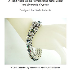 May include: A silver metal bead bracelet with a right angle weave pattern. The bracelet features colorful Swarovski crystals and a heart-shaped metal bead charm. The bracelet is designed by Linda Roberts.