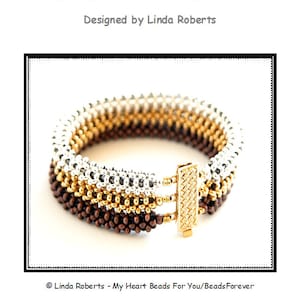 May include: A close-up of a brown, gold, and silver metal bead bracelet with a right angle weave pattern. The bracelet has a gold clasp. The image text reads: "Trinity Metal Bead Bracelet, A Right Angle Weave Pattern using Metal Beads, Designed by Linda Roberts, Linda Roberts - My Heart Beads For You/BeadsForever, Purchase of this tutorial grants the purchaser license to personally make and sell this item of jewelry. I ask only that you give credit to me as the designer. Mass production is not permitted under this license. Please do not distribute, lend, teach, or copy these instructions."