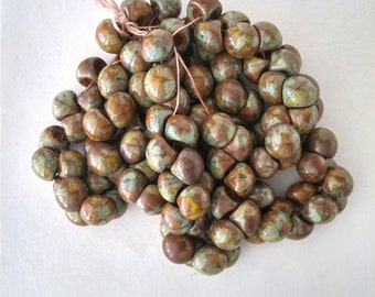 Mushroom Bead Olive Jade Picasso Czech Glass Bead 9x8mm - 1 strand of 25 beads
