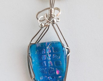 Tropical Delight Dichroic Glass  Silver Wire Wrapped Pendant on Sterling Silver Chain