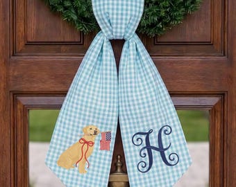 Personalized Monogram Embroidered Wreath Sash, Embroidered USA Dog, American Flag, Seersucker Door Decor, USA Wreath Sash, 250th Anniversary