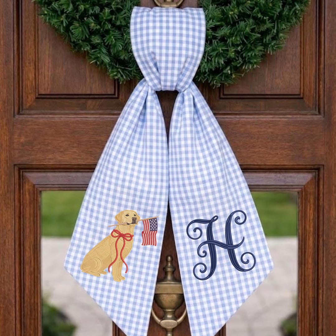 Personalized Monogram Embroidered Dog Wreath Sash, Embroidered Dog With USA Flag Wreath Sash, Seersucker Door Decor, 4th of July Wreath Sash